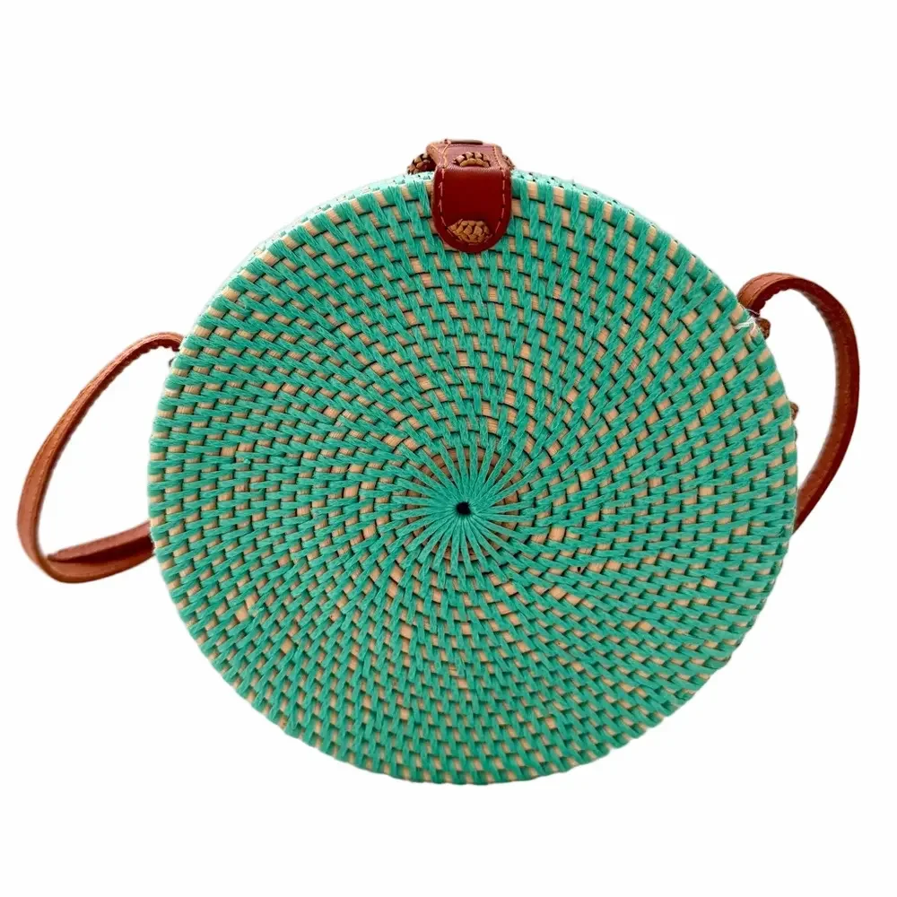 POPPY & SAGE Camilla Aqua Turquoise Woven Rattan Circle Crossbody Handmade NEW